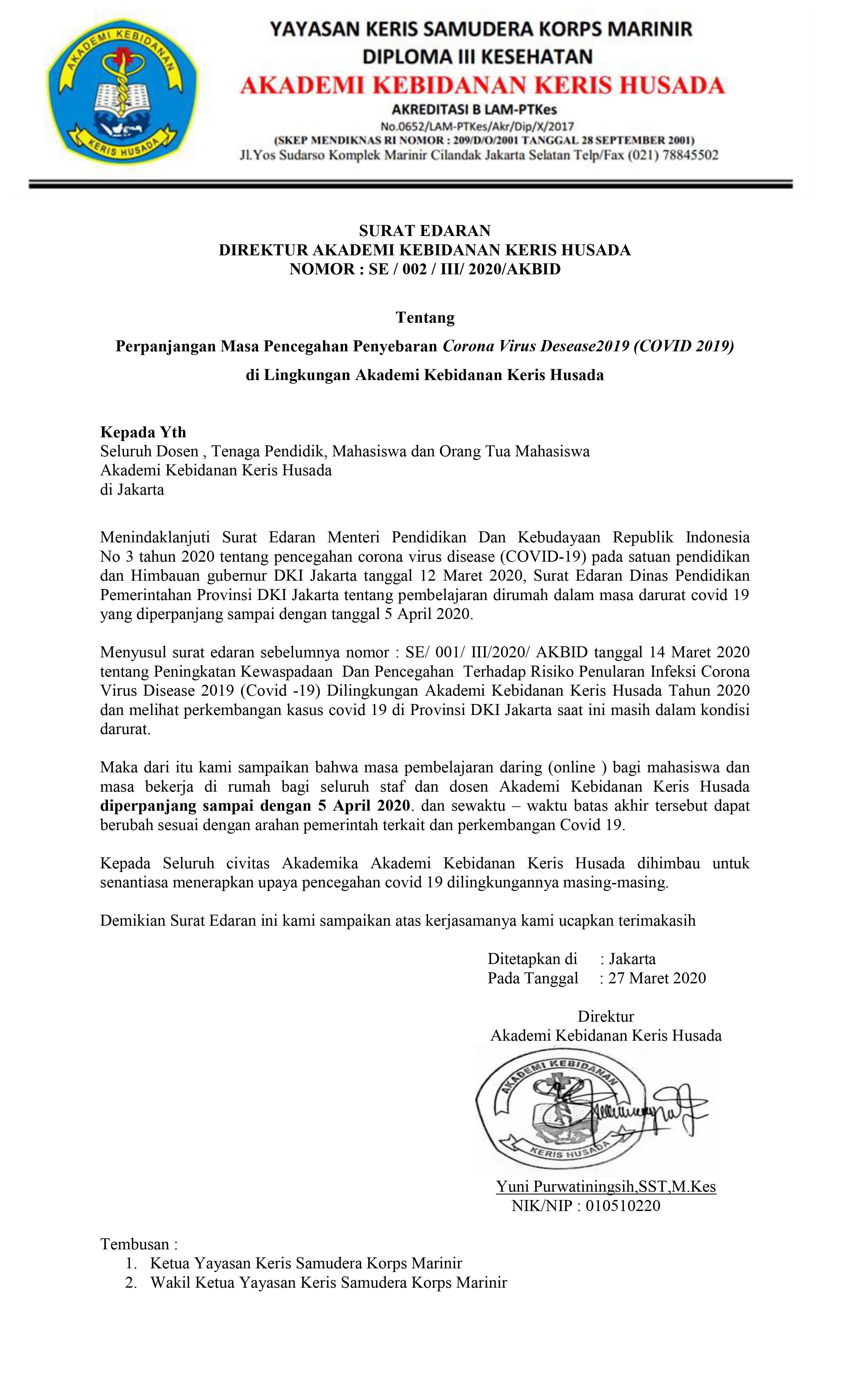 Surat Edaran perpanjangan masa pencegahan virus covid-19 di lingkungan Akbid Keris Husada